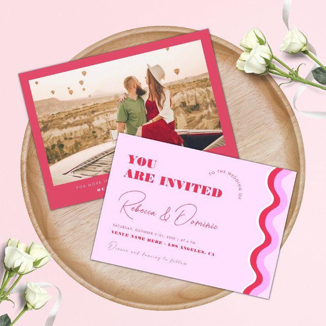 Bold Retro Wavy Curvy Stripes Pink and Red Wedding Invitation (Creator Uploaded)
