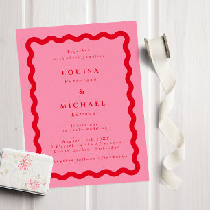 Bold Retro Wavy Frame Pink & Red Wedding Invitation