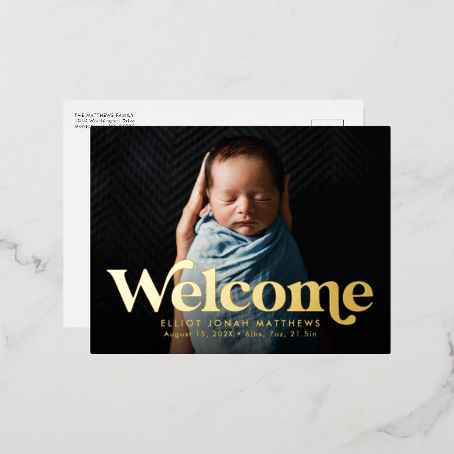 Bold retro welcome birth announcement postcard (Front/Back)