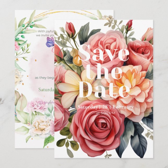 Bold Romantic Floral & Butterfly Double-Sided Save Invitation (Front/Back)