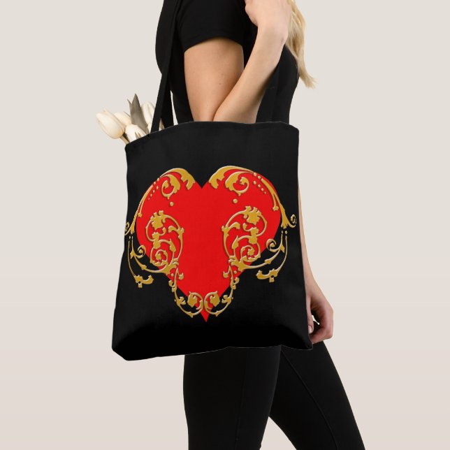 Bold Romantic Valentine Red Goth Heart Tote Bag (Close Up)