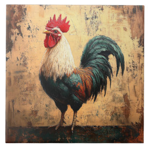 Bold Rooster Chicken Oil Painting Tile