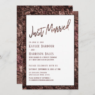 Bold Rose Gold Handwriting Just Married Reception Invitation