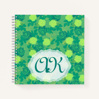 Bold roses green gold monogram notebook