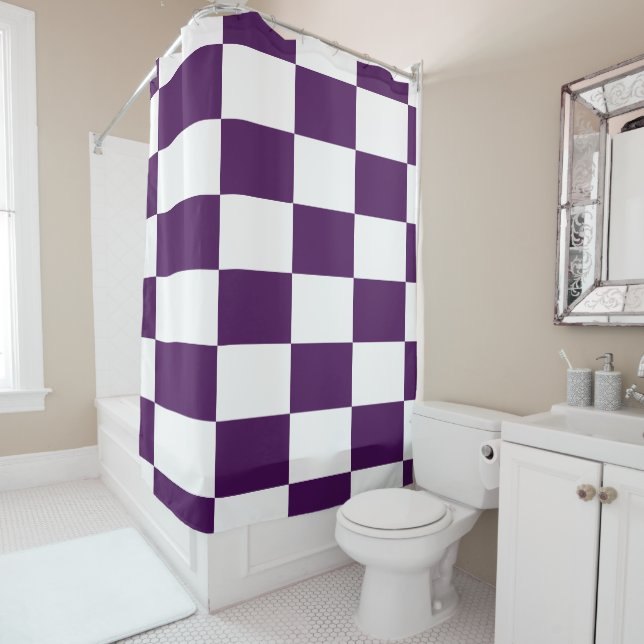 Bold Royal Purple and White Chequered Rectangles Shower Curtain (In Situ)