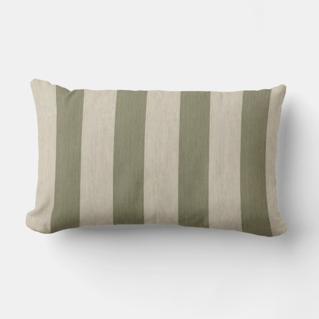 Bold Sage Green and Cream Vertical Striped Pattern Lumbar Cushion (Front)