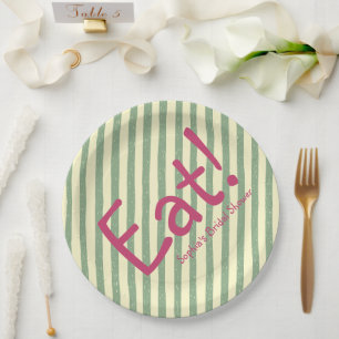 Bold Sage Green Stripe Eat Bridal Shower Paper Plate