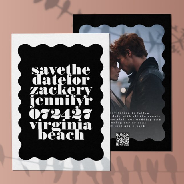 Bold Scalloped Border Black White QR Code Photo Save The Date (Creator Uploaded)