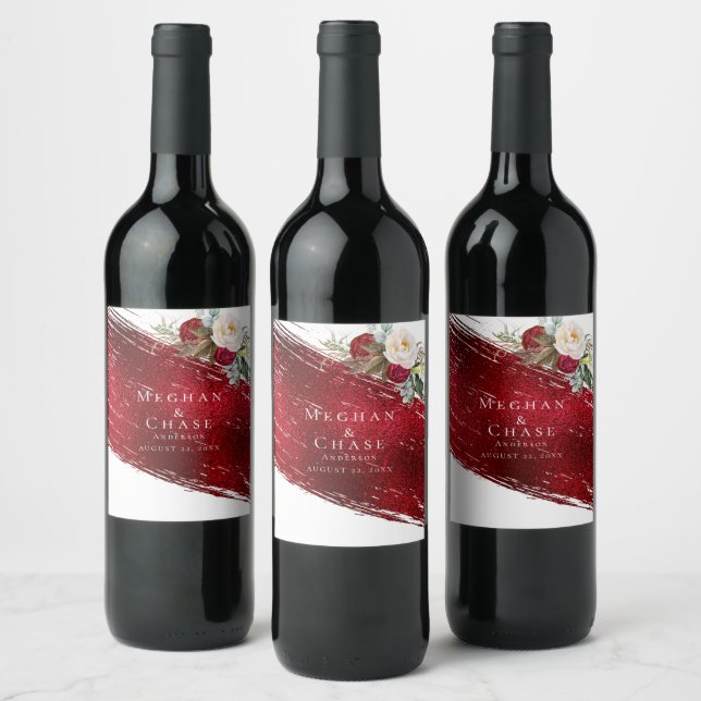 Bold Scarlet Red Brush Stroke Crimson Floral Wine Label (Bottles)