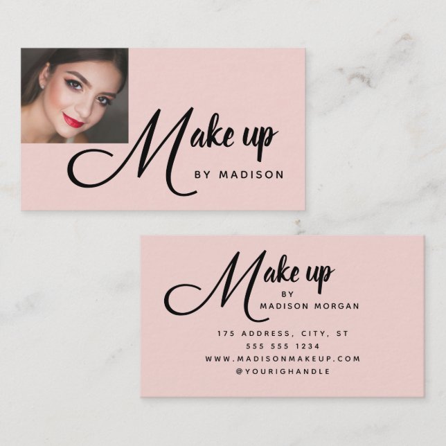 Bold Script Blush Pink Photo Makeup Business Card (Front/Back)