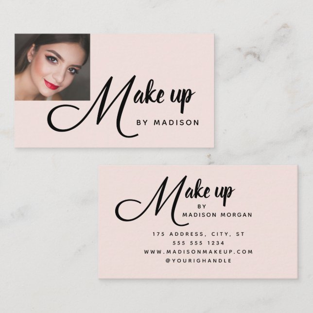 Bold Script Blush Pink Photo Makeup Business Card (Front/Back)