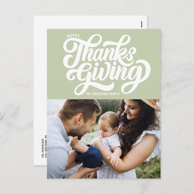 Bold Script Mint Green Photo Happy Thanksgiving Holiday Postcard (Front/Back)