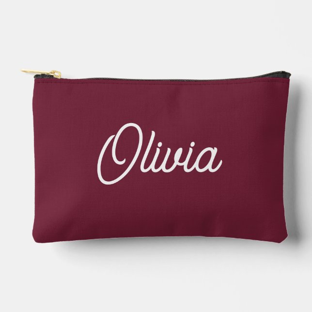 Bold script monogram, burgundy red  accessory pouch (Front)
