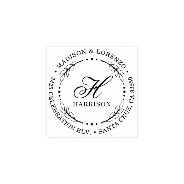 Bold Script Monogram Wreath Round Return Address Rubber Stamp (Imprint)