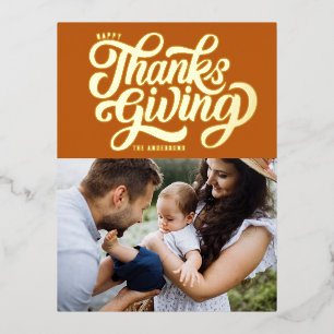 Bold Script Orange Happy Thanksgiving Photo Foil Holiday Postcard