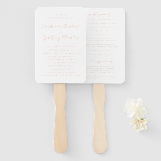 Bold Script Peach Elegant Wedding Program Hand Fan (Front and Back)