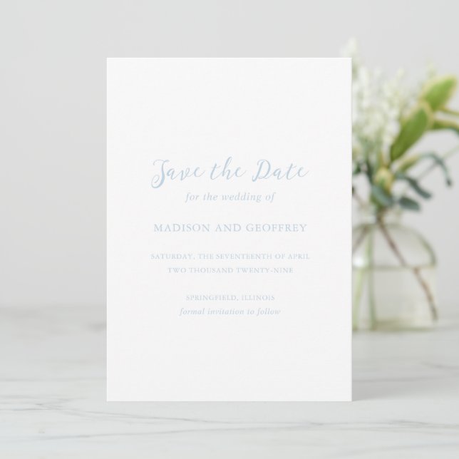 Bold Script Powder Blue Photo Elegant Wedding Save The Date (Standing Front)