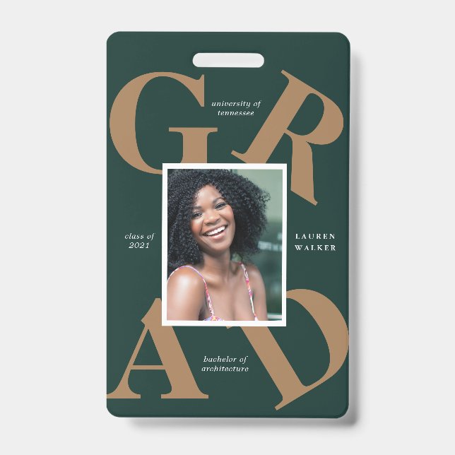 bold script school colours graduate announcement ID badge (Front)