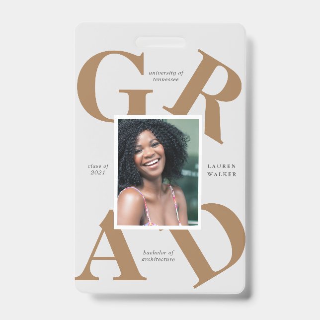 bold script school colours graduate announcement ID badge (Front)