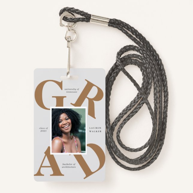 bold script school colours graduate announcement ID badge (Front with Lanyard)