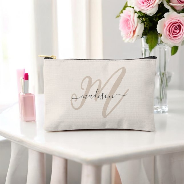 Bold Script Stylish Beige Monogram and Name Accessory Pouch (Personalize with your name and monogram initial. Makes a great gift!)