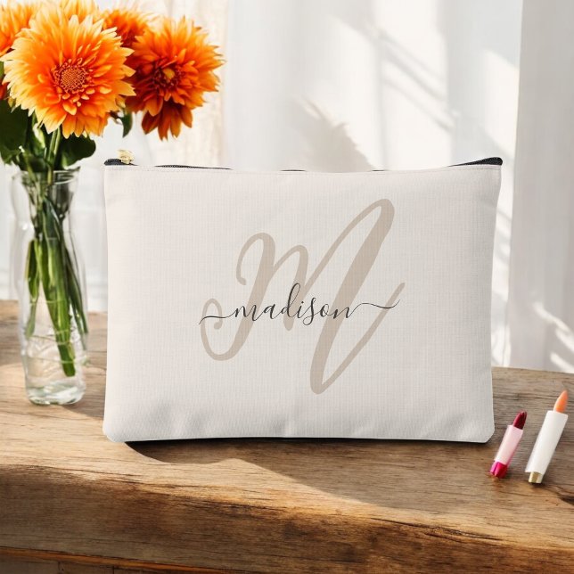 Bold Script Stylish Beige Name and Monogram Accessory Pouch (Personalize with your name and monogram initial.)