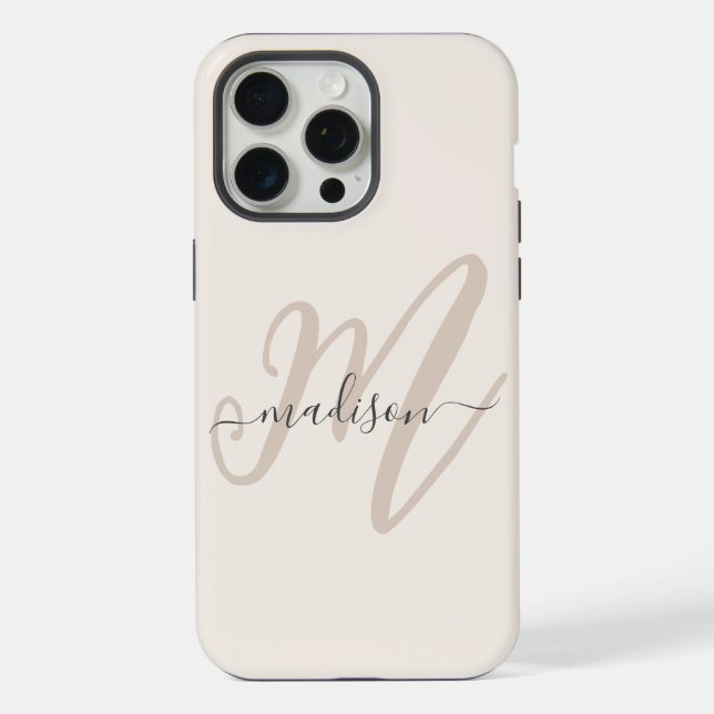 Bold Script Stylish Monogram and Name in Beige iPhone Case (Back)