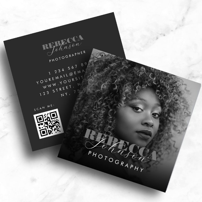 Bold Script Typography Photo Qr Code Photography   Square Business Card (Creator Uploaded)