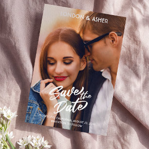 Bold Script White Overlay Photo Wedding Save The Date