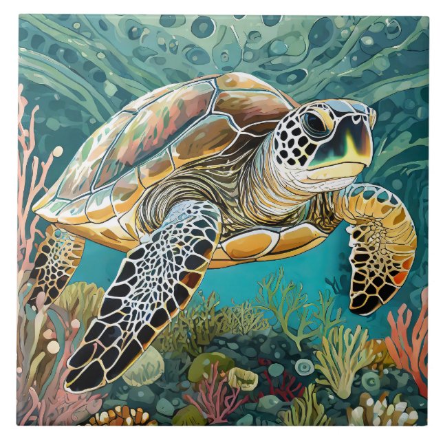 Bold Sea Turtle Comic Style Tile (Front)
