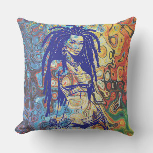Bold silhouette of a woman with dreadlocks. cushion