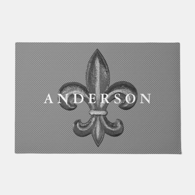 Bold Silver Fleur de Lis Personalised Family Name Doormat (Front)