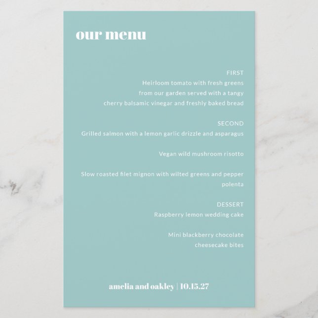 Bold Simple Aqua Blue Simple Custom Wedding Menu (Front)