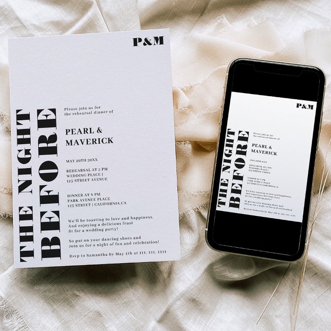 Bold simple black white wedding rehearsal dinner invitation (Creator Uploaded)