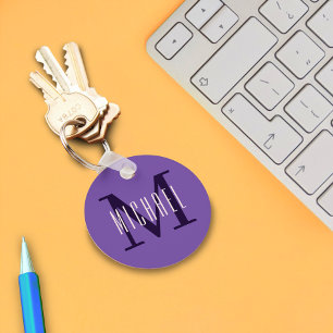 Bold Simple Monogram Initial & First Name Purple Key Ring