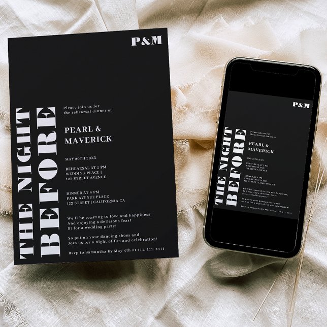 Bold simple white black wedding rehearsal dinner invitation (Creator Uploaded)