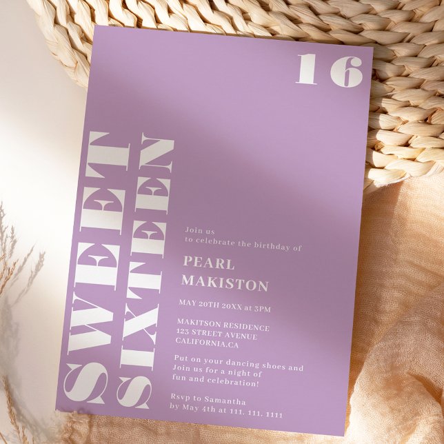 Bold simple white lavender sweet 16 birthday invitation (Bold simple white lavender sweet 16 birthday invitation)