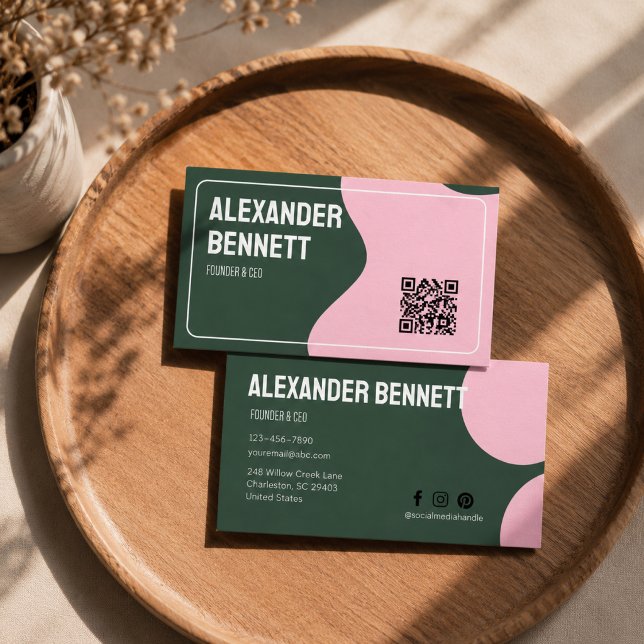 Bold Simplicity Green & Pink Scannable Qrcode  Business Card (Creator Uploaded)