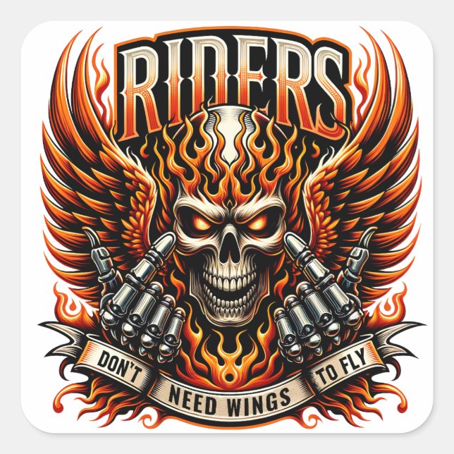 Bold Skull Design With Fiery Wings and Hands Square Sticker (Front)