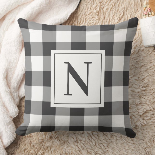 Bold Soft Black Gingham Check Monogram Initial Cushion (Blanket)