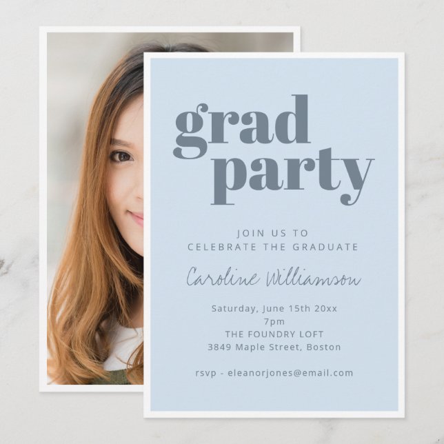 Bold Soft Blue Modern Photo Graduation Party Invitation (Front/Back)