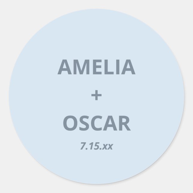 Bold Soft Blue Modern Wedding Names Date Custom Classic Round Sticker (Front)