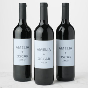 Bold Soft Blue Modern Wedding Names Date Custom Wine Label
