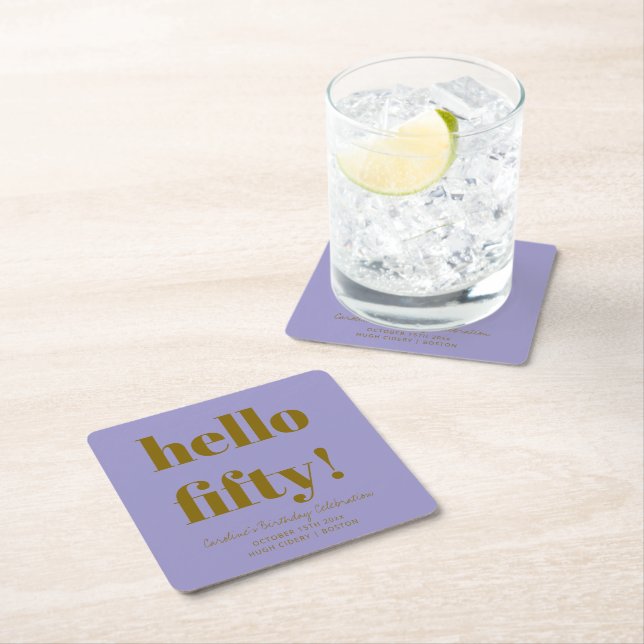 Bold Soft Purple Modern 50th Birthday Custom Square Paper Coaster (Insitu)