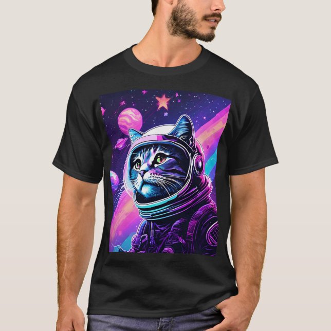 Bold Space Cat Adventure – Retro Vaporwave Galaxy  T-Shirt (Front)