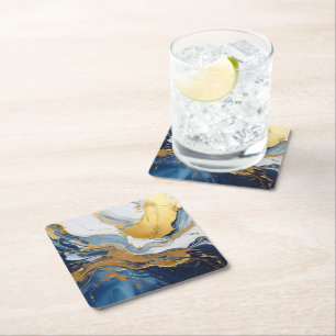 Bold Splash of Gold and Blue Square Paper Coaster