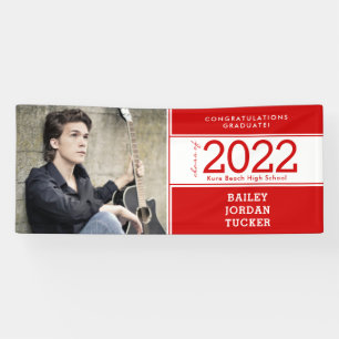 Bold Sporty Bright Red White Photo Graduation Banner