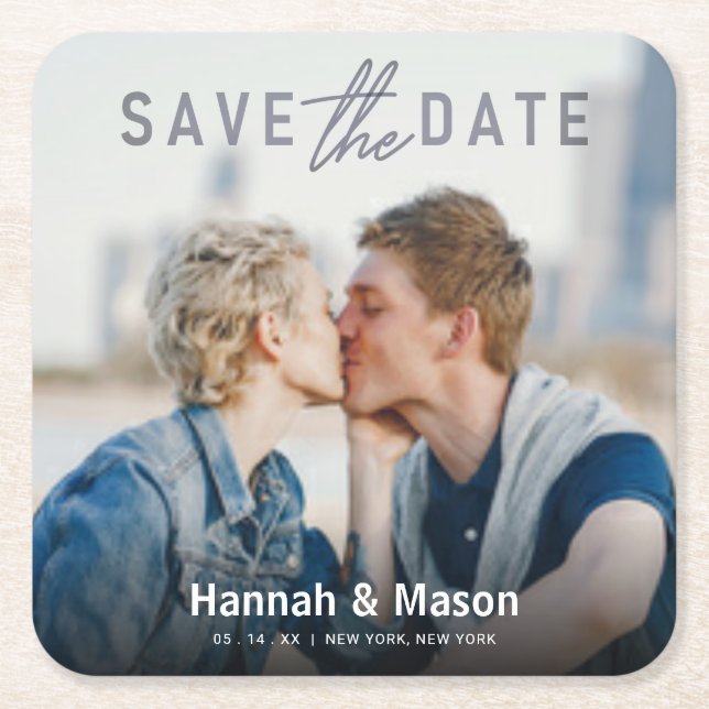 Bold Statement Save the Date Photo Announcement Square Paper Coaster (Front)