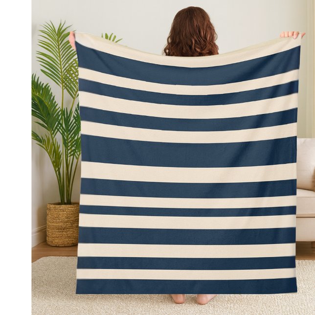 bold Striped Navy Blue and Beige Coastal Decor Fleece Blanket (Creator Uploaded)