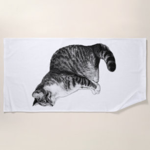 Bold Striped Tabby Cat Ink Art Beach Towel